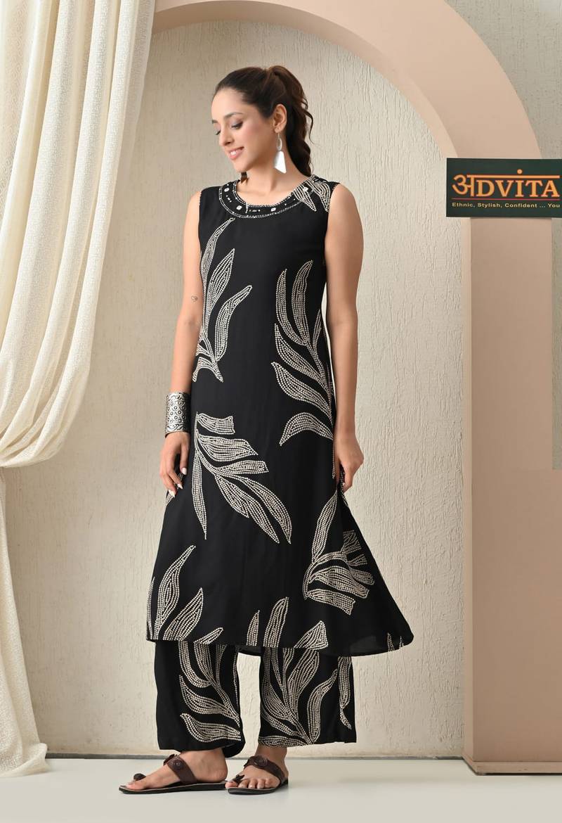 Advita Black & Purple A-Line Rayon Cotton Kurta Set - Image 2