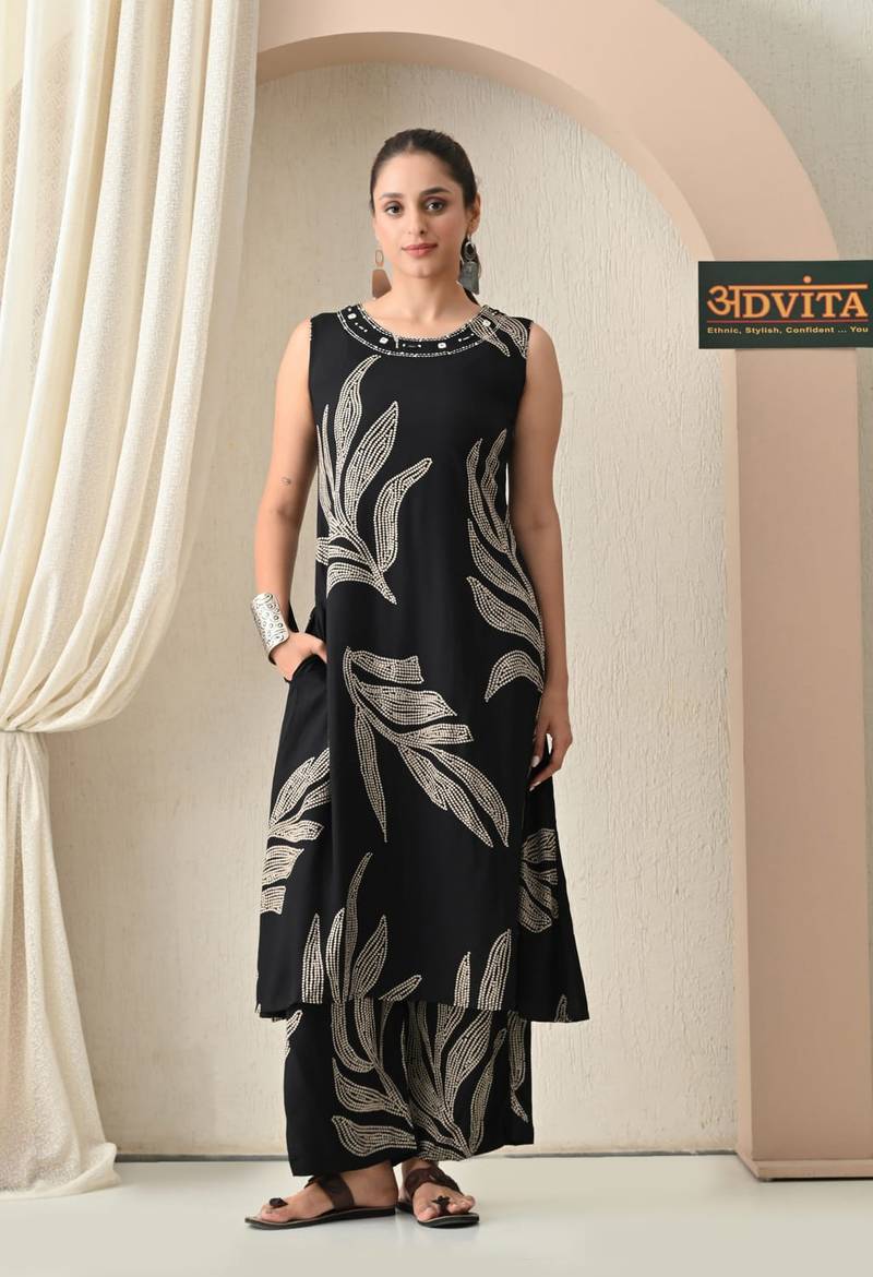 Advita Black & Purple A-Line Rayon Cotton Kurta Set