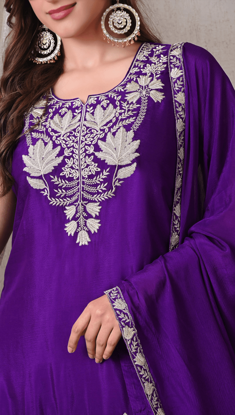 Advita Royal Purple Chinon Embroidered Sharara Set for Women - Image 2