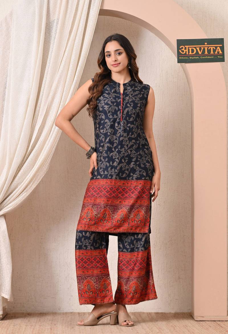advita-navy-blue-floral-print-kurta-set