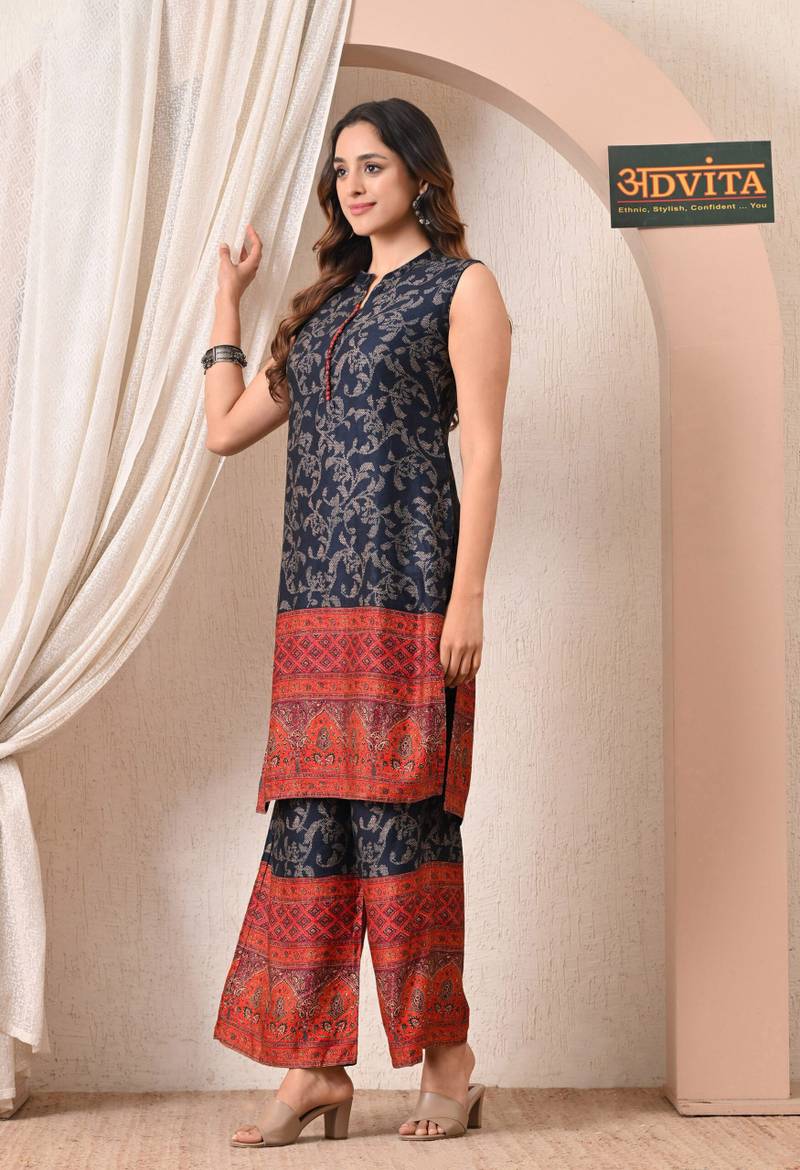Advita Navy Blue Floral Rayon Cotton Kurta Set with Palazzo - Image 4