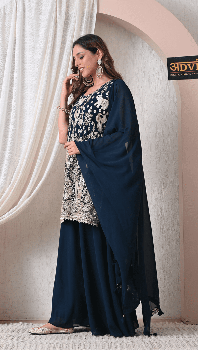 Advita Navy Blue Georgette Sharara Party Wear Set - Image 3