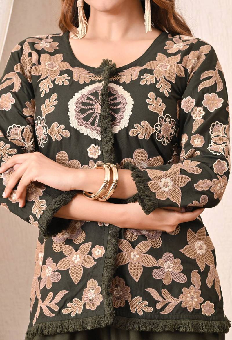 Advita Olive Green Floral Embroidery Rayon Cotton Cord Set - Image 2