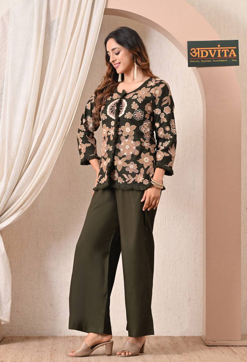 Advita Olive Green Floral Embroidery Rayon Cotton Cord Set - Image 4
