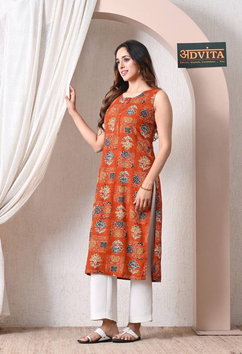 Advita Orange Ajrakh Block Print Straight Kurti - Image 3