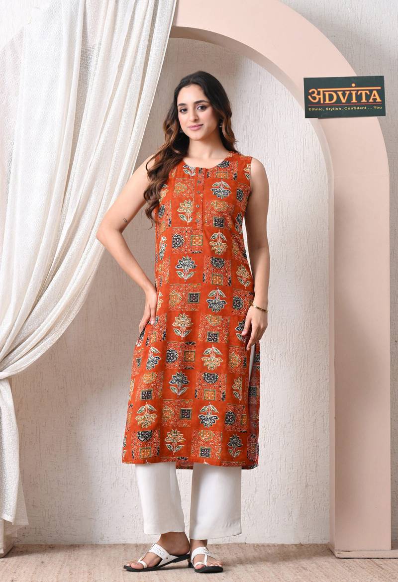 Advita Orange Ajrakh Block Print Straight Kurti - Image 2