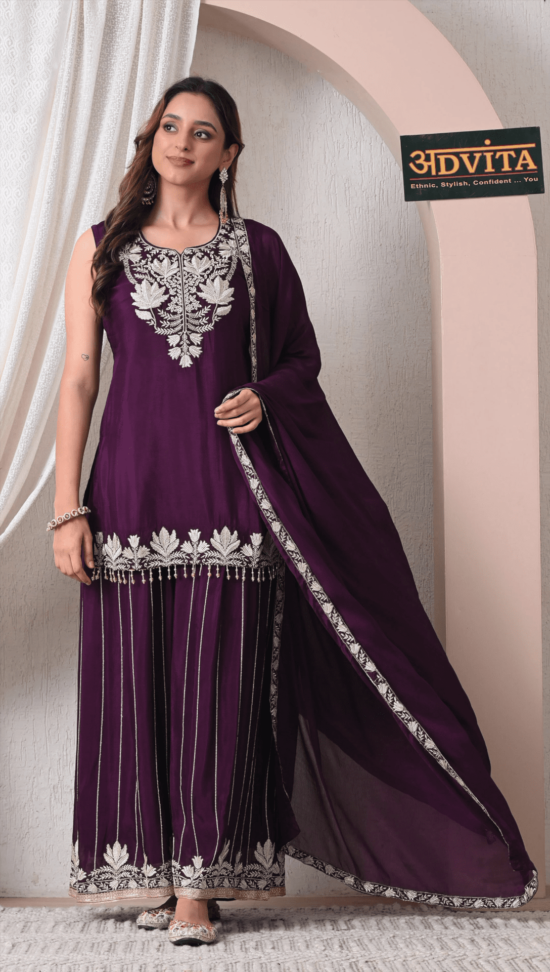 Advita Purple Chinon Embroidered Sharara Set for Women - Image 3