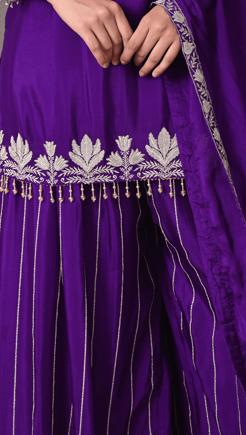 Advita Royal Purple Chinon Embroidered Sharara Set for Women - Image 4