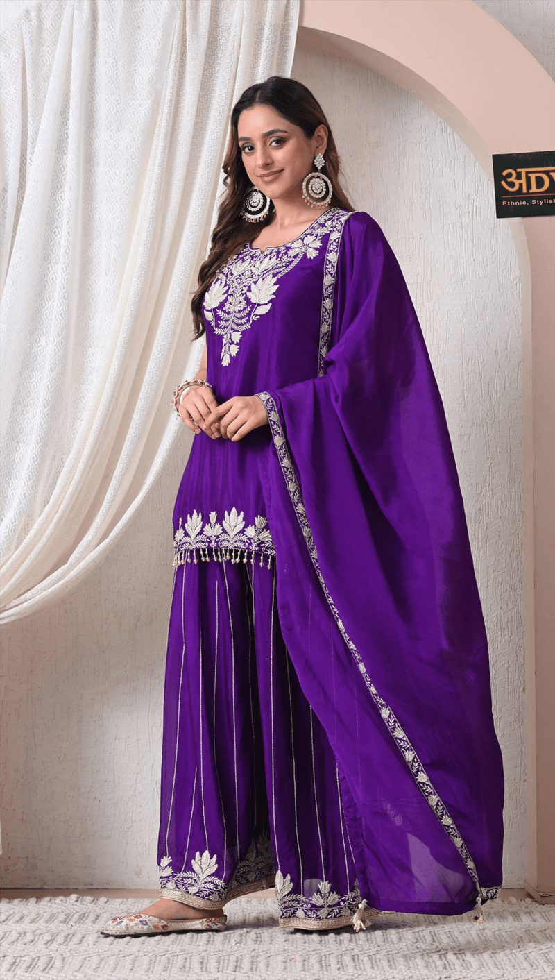 Advita Royal Purple Chinon Embroidered Sharara Set for Women - Image 3