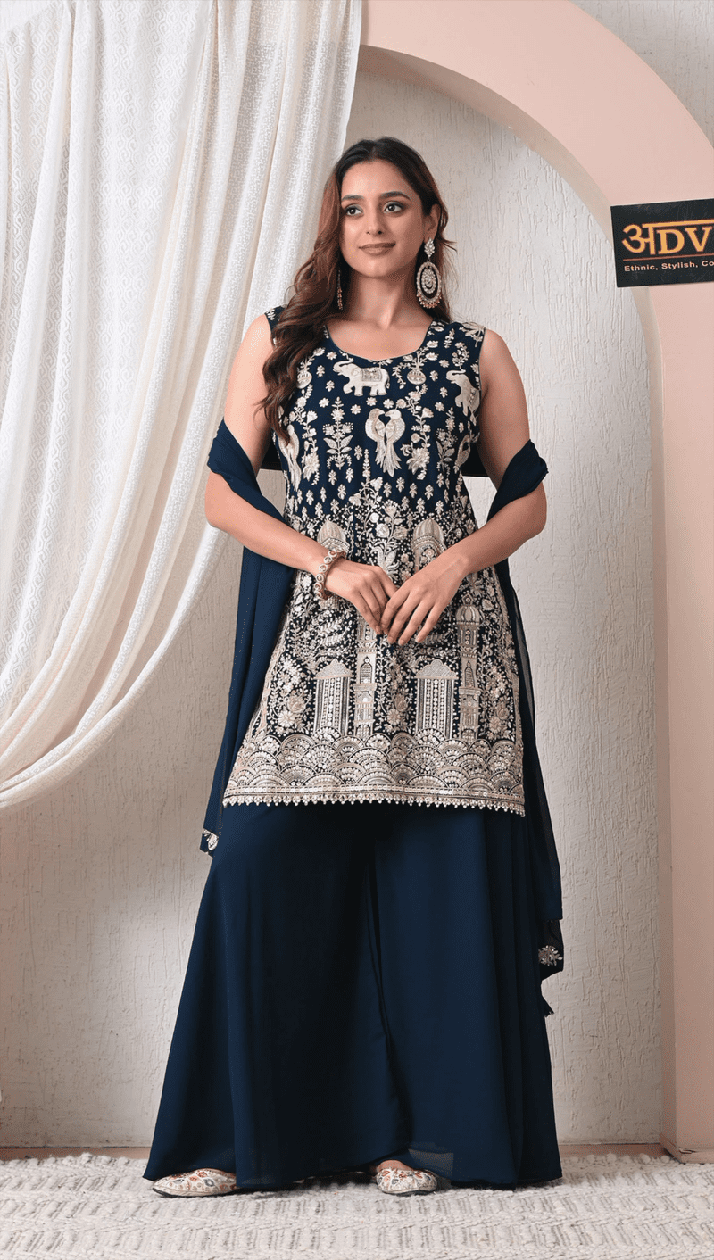 Advita Navy Blue Georgette Sharara Party Wear Set - Image 4